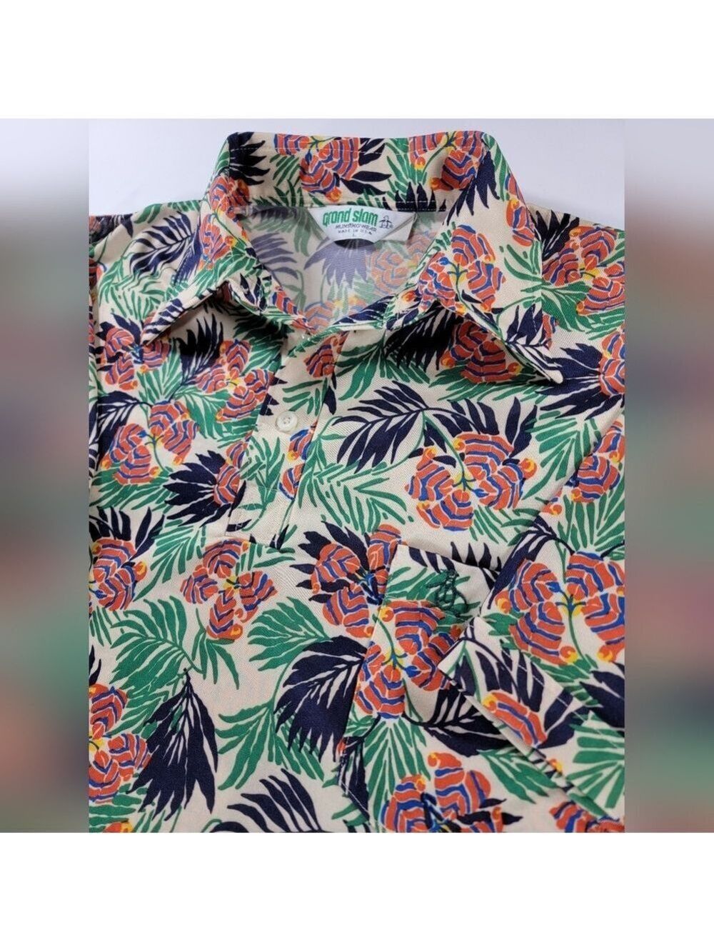 Vintage Grand Slam Munsingwear USA Tropical Floral Polo Shirt 70s 80s Penguin L
